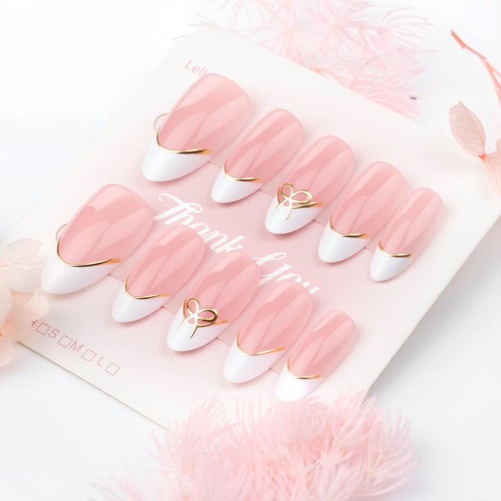 Elegant French Tip Press-On Nail Art Set with Gold Accents Kalsten