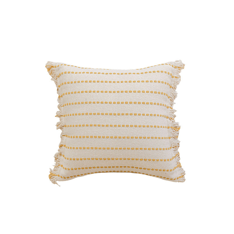 Woven Horizontal-Stripe Square Throw Pillow with Fringed Edges and Removable Cover