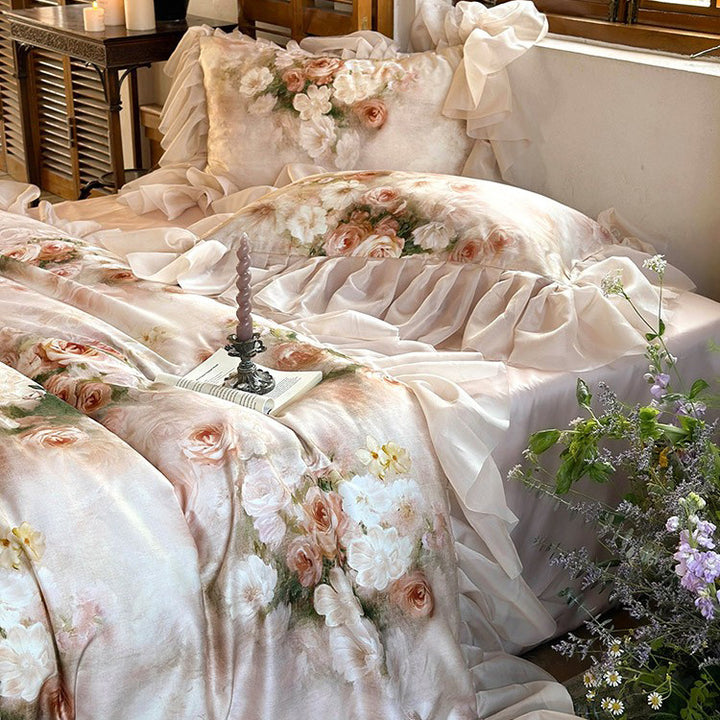 Romantic ruffled bedding set made of fine cotton satin with watercolor flower print & ruffled bed skirt