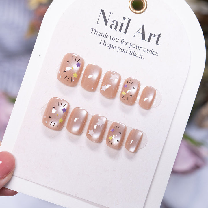 Press-On Nail Set with Artistic Star and Floral Design