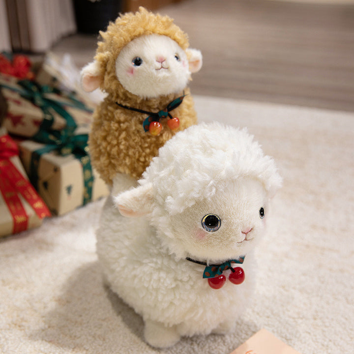 Curly Plush Lamb Comforter Toy with Embroidered Face and Decorative Bow Charm Kalsten