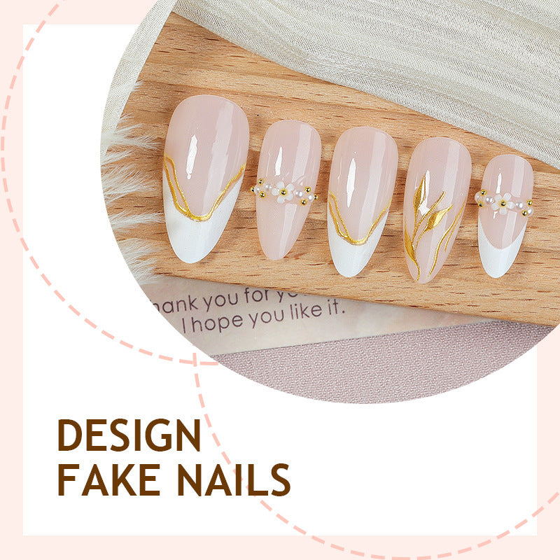 Artificial nail set with elegant gold accents and floral designs Kalsten
