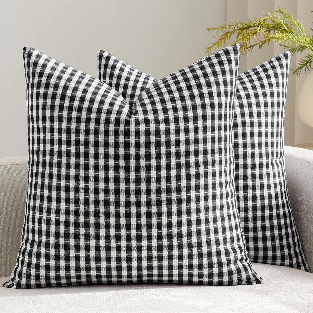 Gingham Cotton-Linen Square Throw Pillow Covers with Hidden Zipper Pair