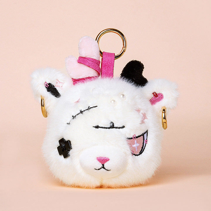 Faux-Fur Bunny Charm Key Fob with Embroidered Patchwork Face and Gold Metal Ring Kalsten