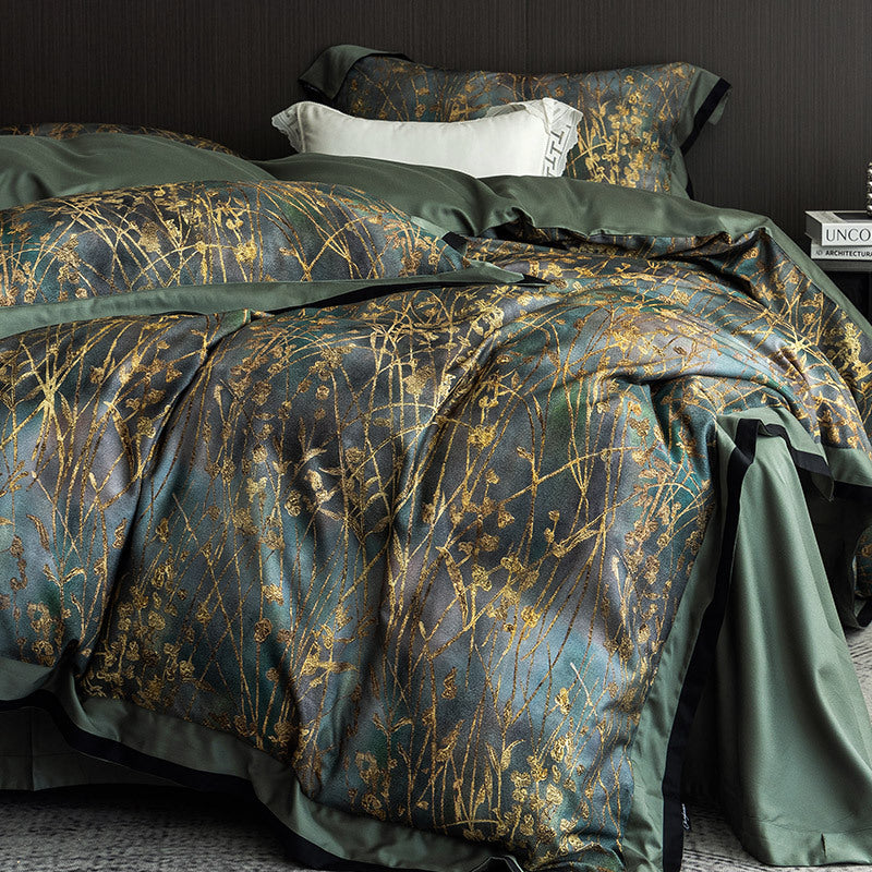 Luxurious bedding set made of cotton satin with delicate grass print and satin hem