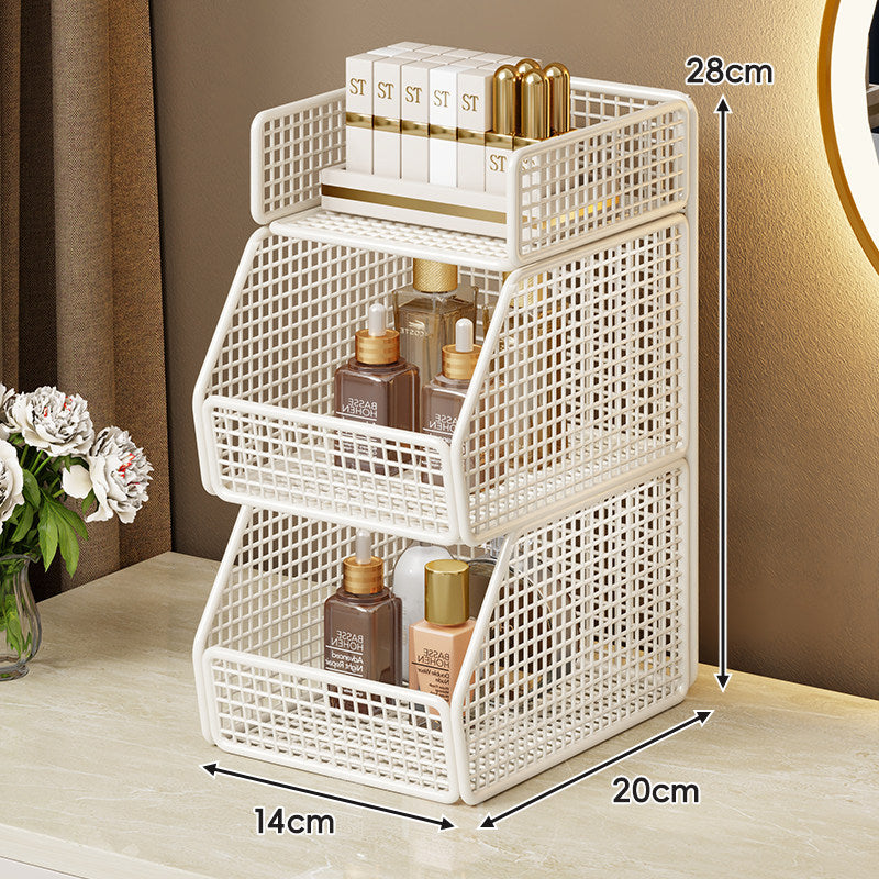 Two-Tier Metal Grid Countertop Vanity Organizer Shelf with Raised Front Lip