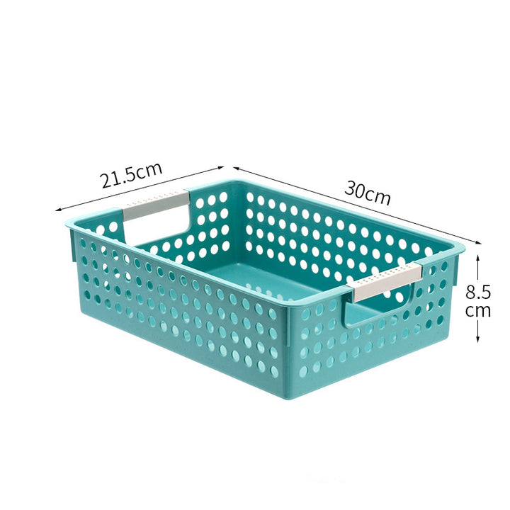 Flat plastic storage box with perforated side wall and grip recesses