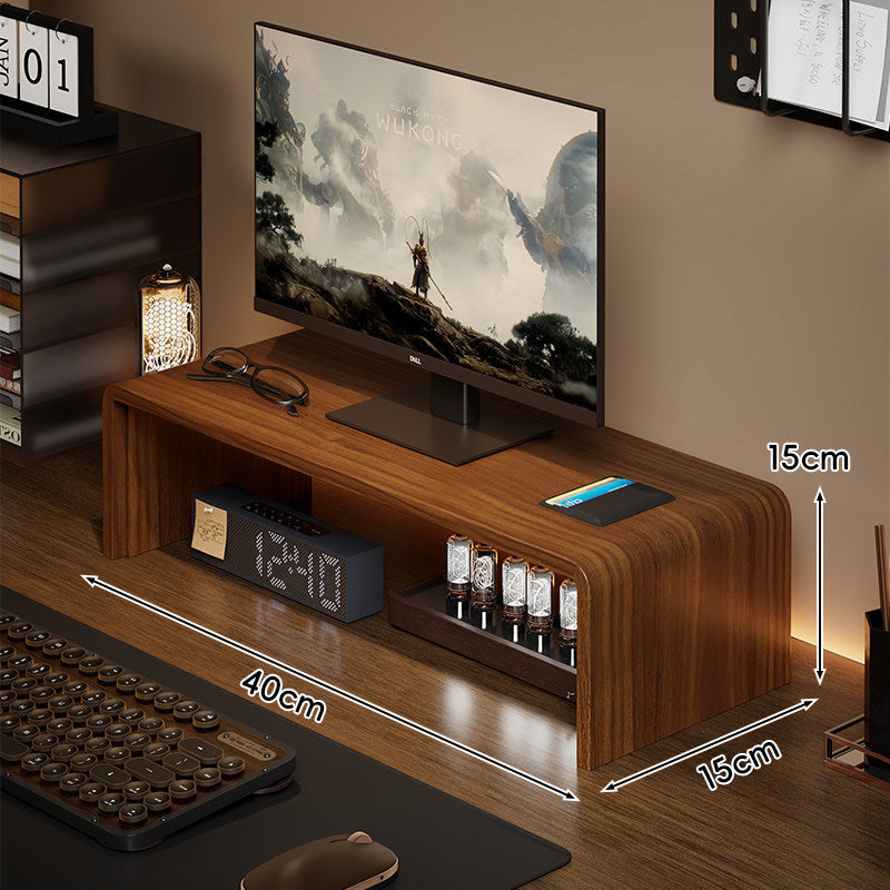 Low-Profile Curved Desktop Monitor Platform with Integrated Under-Shelf Organizer and Ambient Backlight