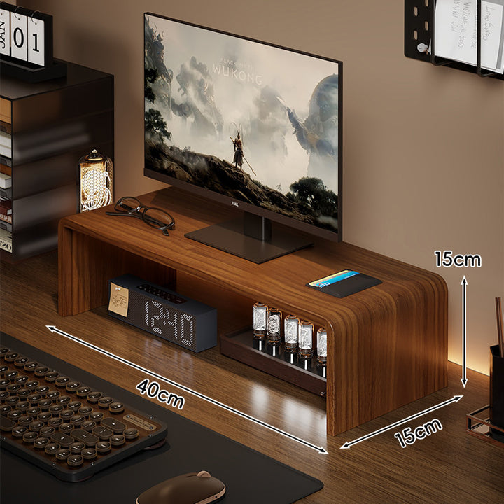 Low-Profile Curved Desktop Monitor Platform with Integrated Under-Shelf Organizer and Ambient Backlight