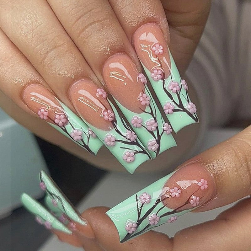 Artificial nail set with colorful flowers and creative French design Kalsten