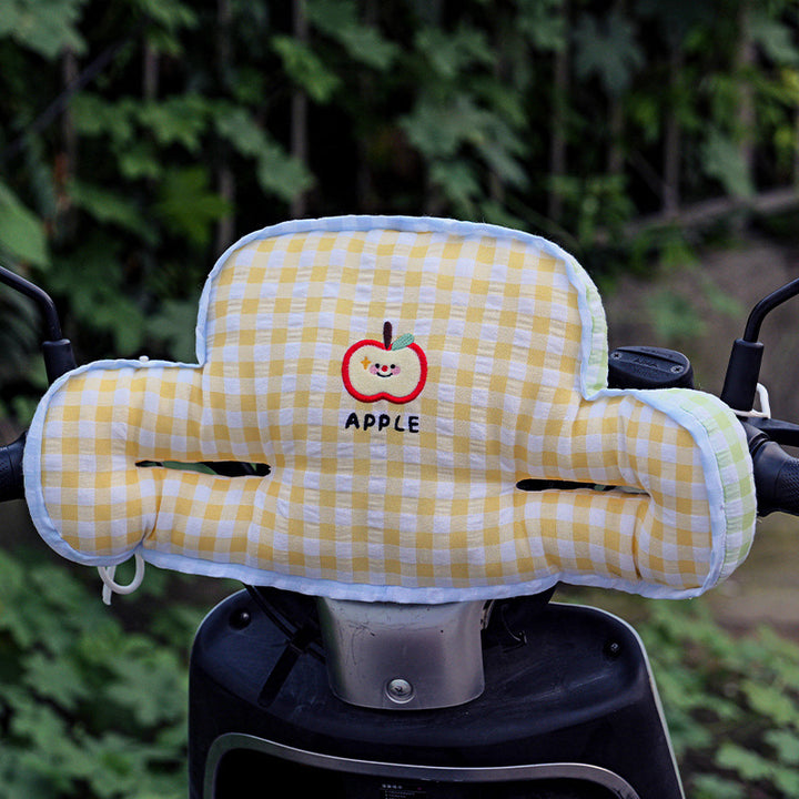 Padded child seat back cushion in apple plush design with side armrests