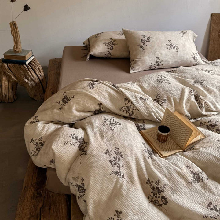 Natural cotton-linen duvet cover set with a crinkled linen look and floral tone-on-tone pattern