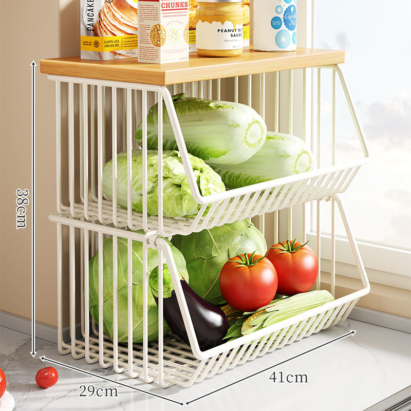 Countertop Wooden Top Metal Wire Fruit and Vegetable Storage Rack