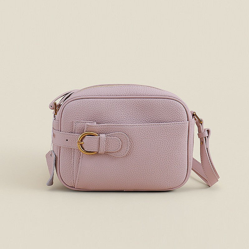 Pebbled Vegan Leather Camera Crossbody Bag with Decorative Buckle & Front Slip Pocket