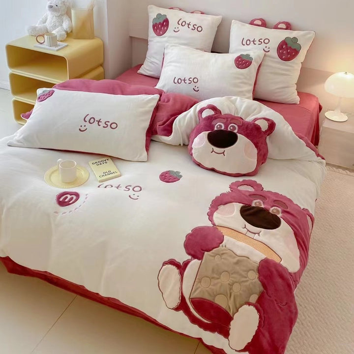 Cute quilted bedding set with plush bear applique and strawberry motif
