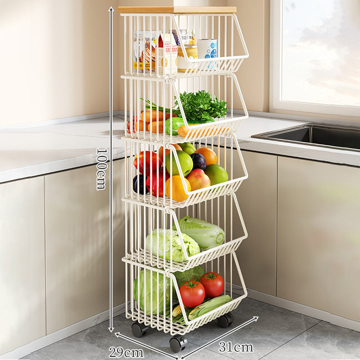 Countertop Wooden Top Metal Wire Fruit and Vegetable Storage Rack