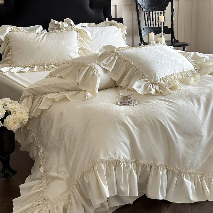 Elegant bed linen set made of satin-like jacquard with ruffle edge