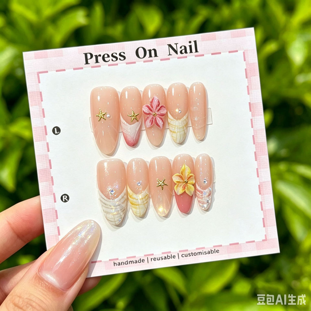 Artistic Press-On Nail Set with Tropical and Floral Accents