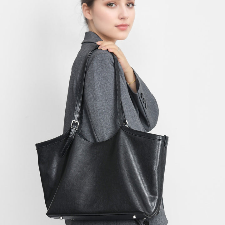 Glossy Smooth Leather-Look Shoulder Tote with Adjustable Buckle Straps & Metal Feet