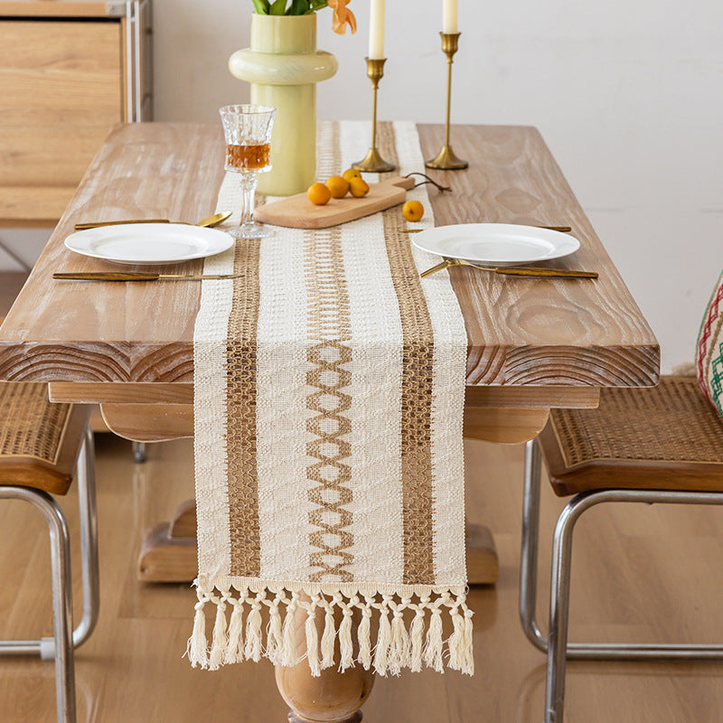Handwoven Cotton Bohemian Tassel Table Runner with Neutral Geometric Stripes