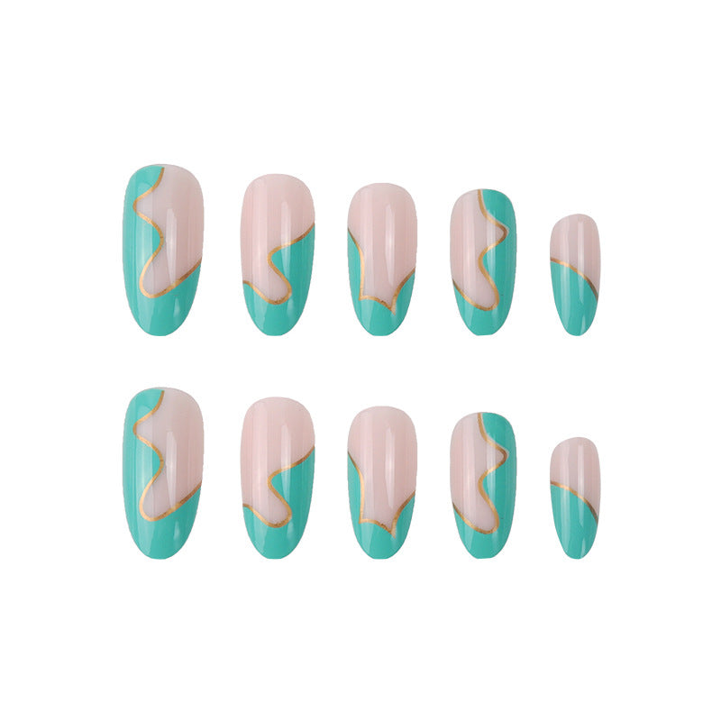 Artistic Press-On Nail Set with Unique Wave Design and Gold Accents Kalsten