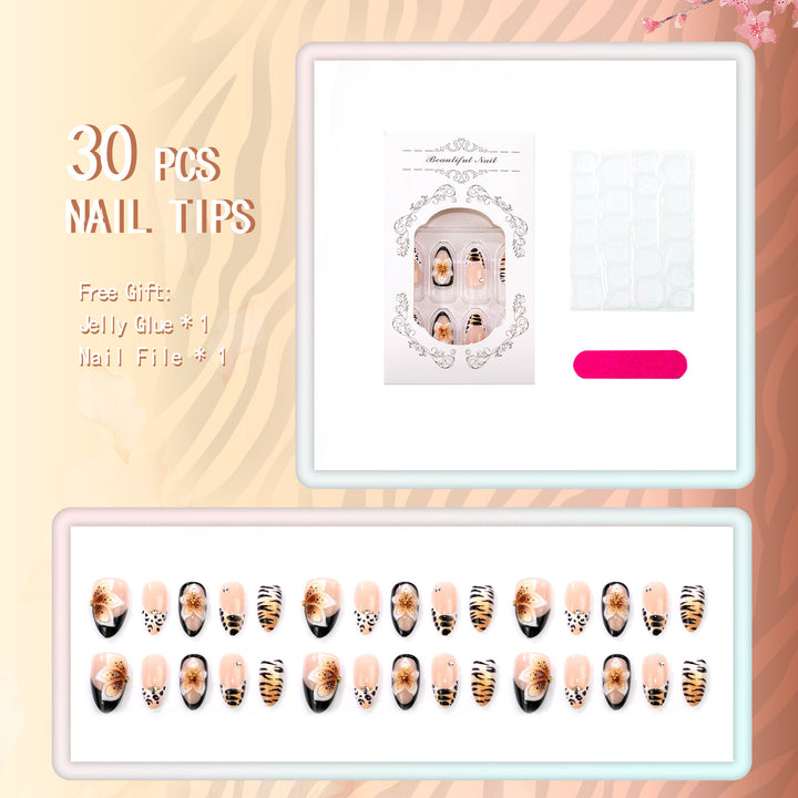 Artistic Press-On Nail Set with Floral and Animal Print Designs