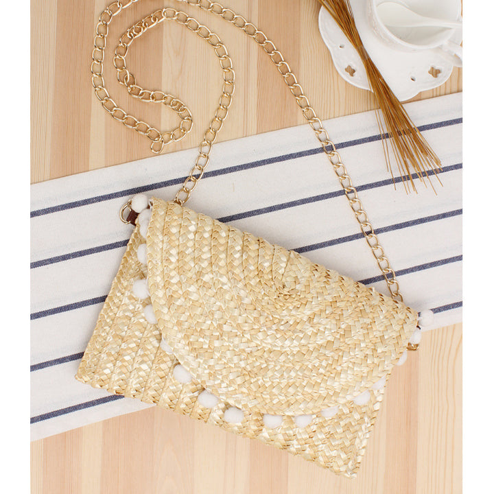 Clutch Bag Made of Handwoven Straw with Decorative Pompons Kalsten