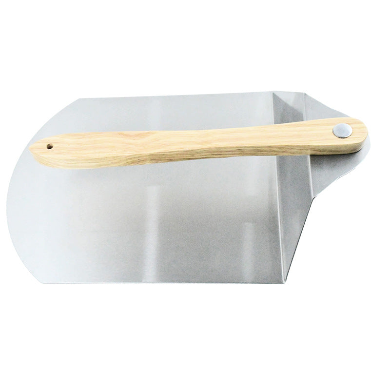 large round stainless steel pizza paddle with beveled edge and full-length wooden handle Kalsten