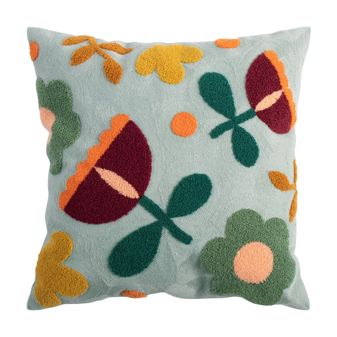 Woven decorative pillow cover with hand-tufted floral appliqués and bouclé relief