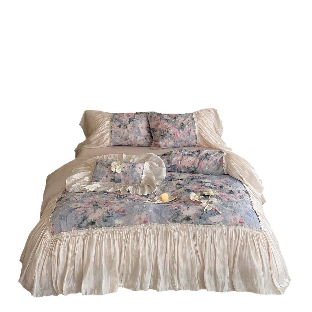 Romantic bed linen set made of cotton satin with ruffled frill and floral jacquard