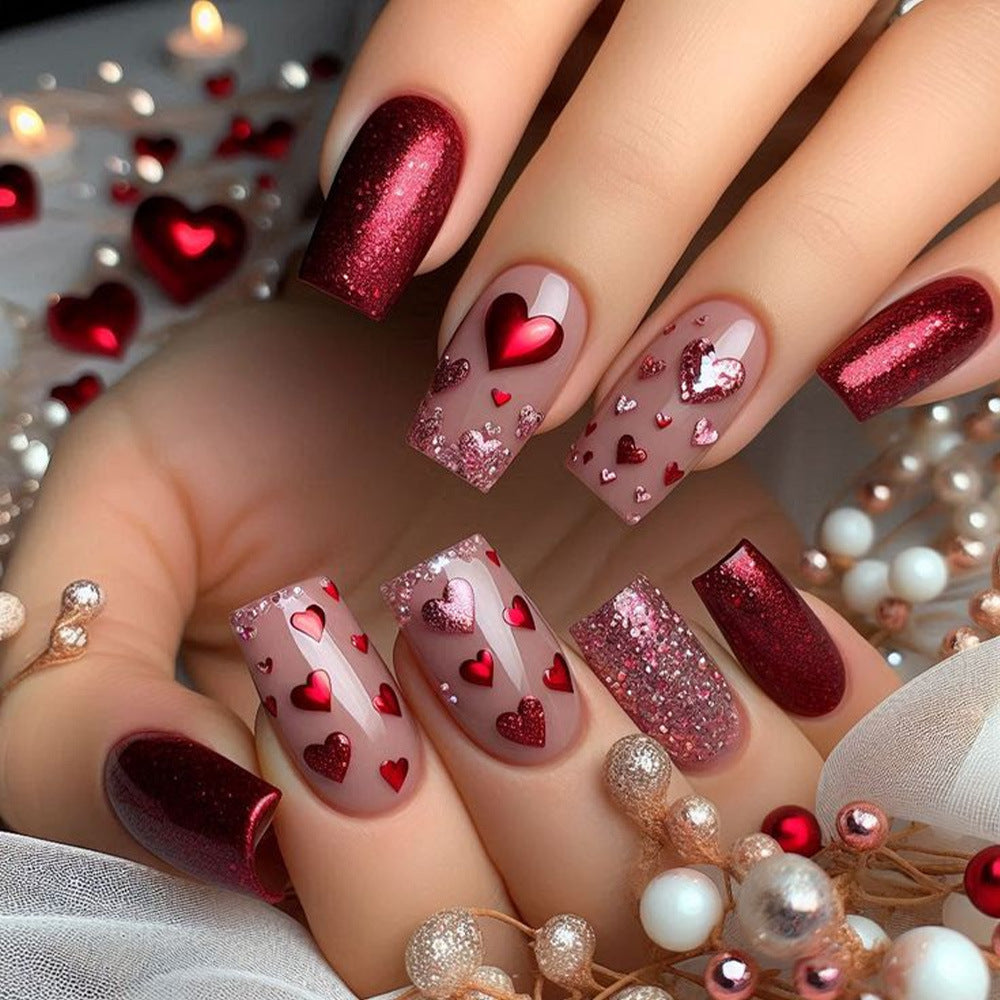 Artificial nails with heart design and glitter Kalsten