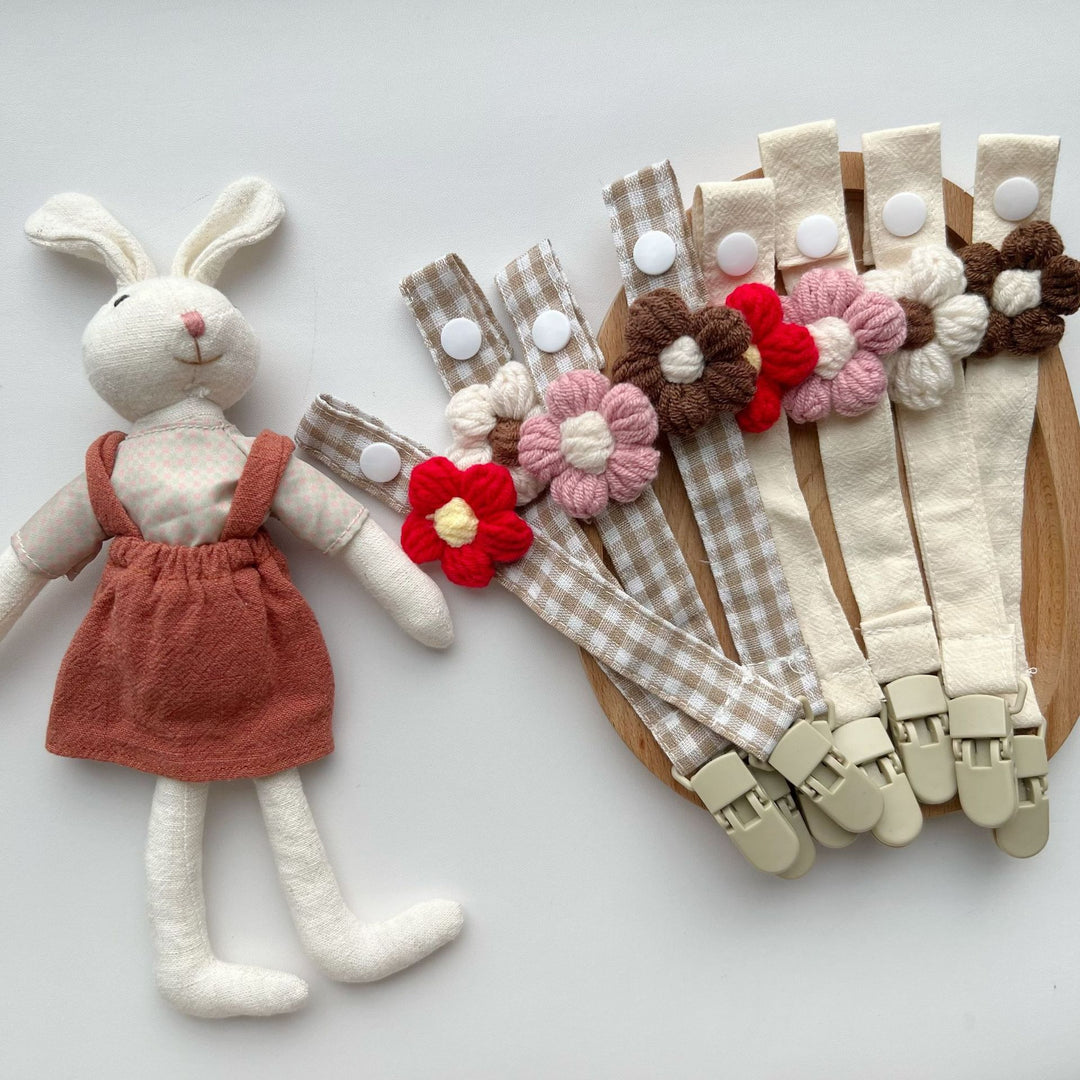 Crocheted Flower Pacifier and Teether Clip with Organic Cotton Strap