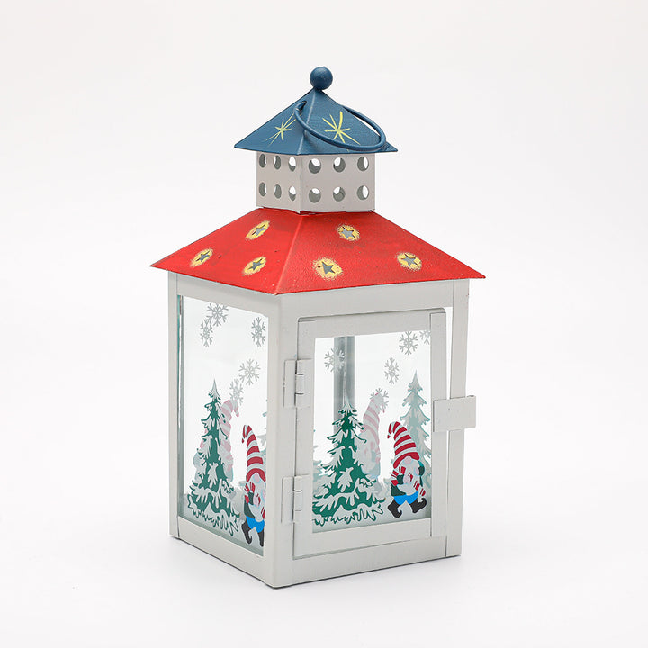 Decorative Holiday Tea Light Lantern with Glass Pane Gnome & Pine Motif Kalsten