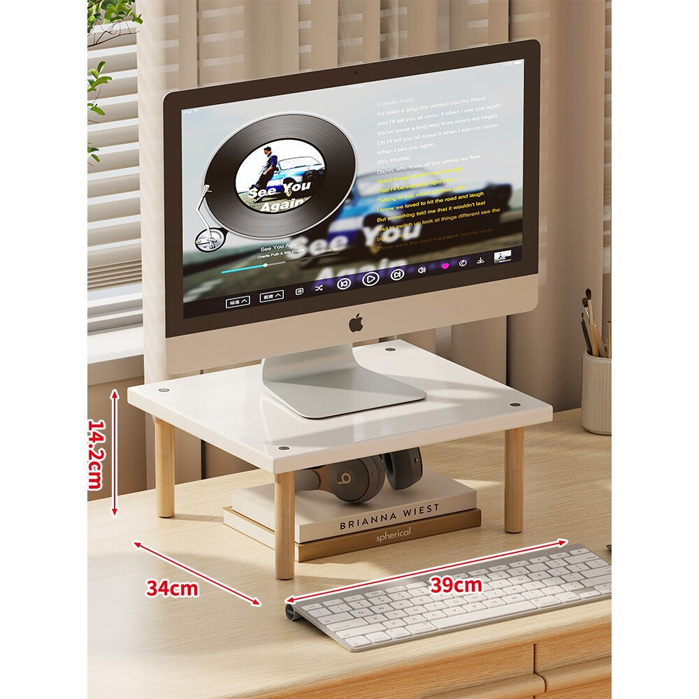 Compact Elevated Monitor Riser Stand with Wooden Legs and Under-Storage