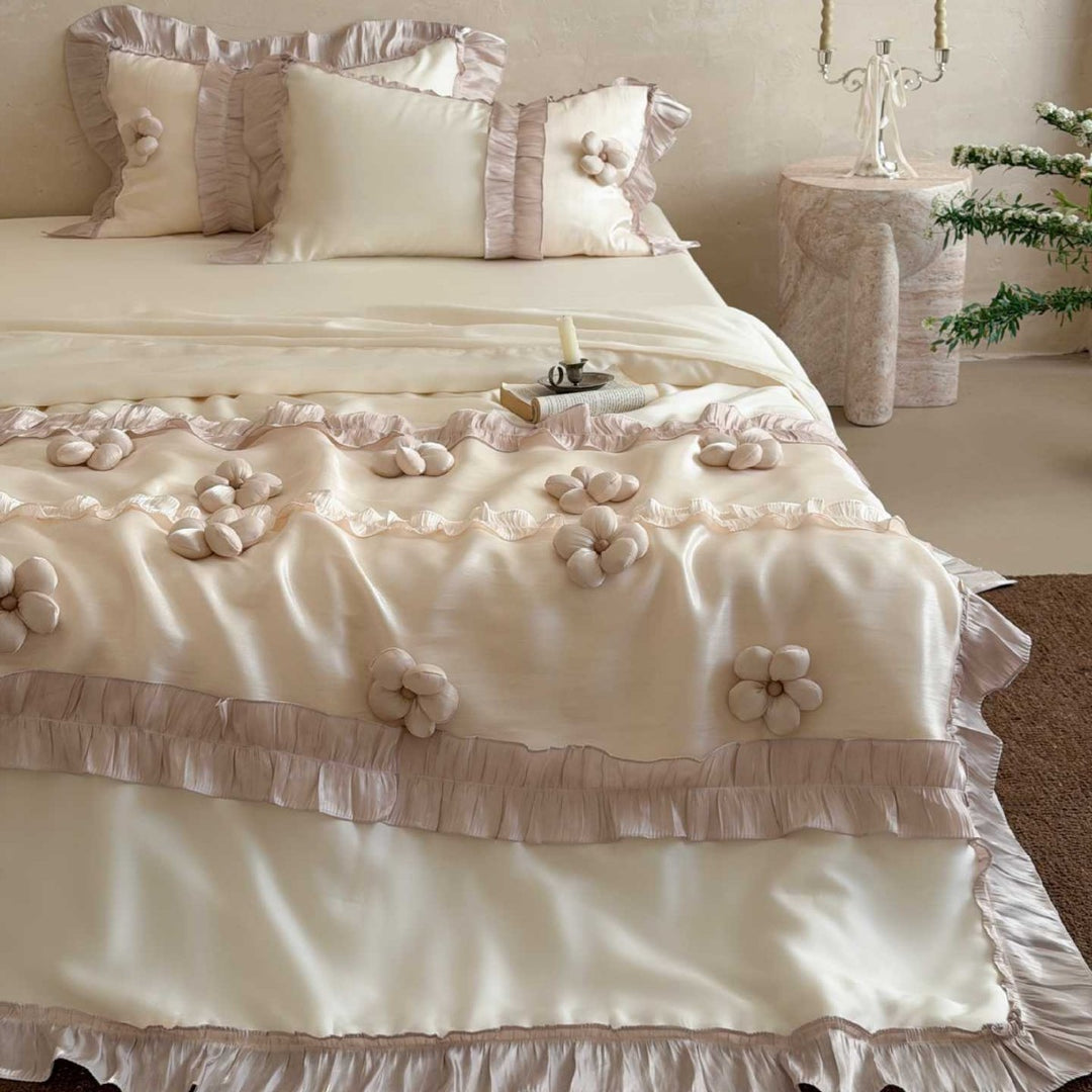 Premium duvet cover set with artistically crafted flowers, pleated ruffle and silky-matt finish
