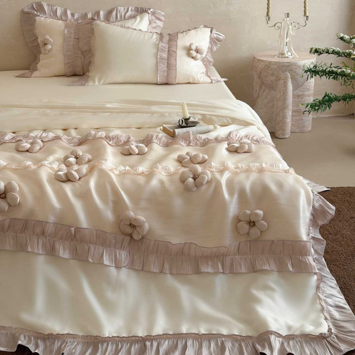 Premium duvet cover set with artistically crafted flowers, pleated ruffle and silky-matt finish