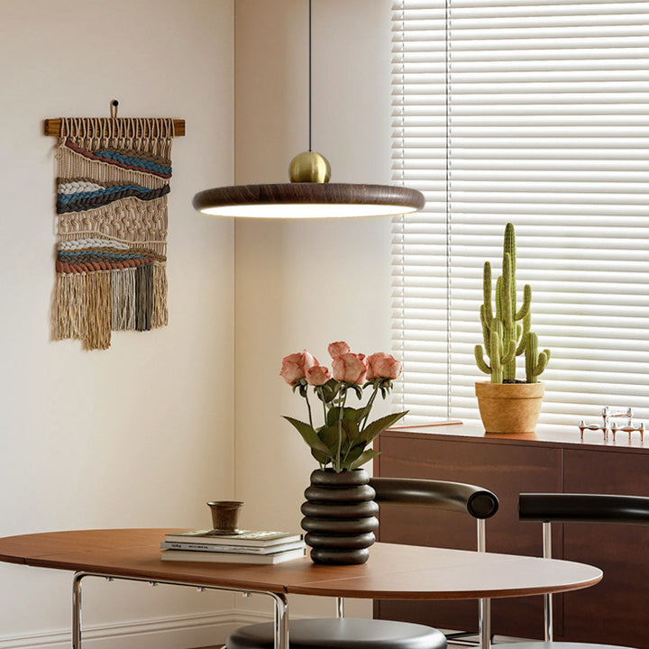 Contemporary Wood and Brass Pendant Light