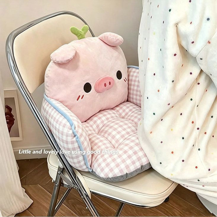 Padded plush floor seat cushion with high backrest and armrests in pig design