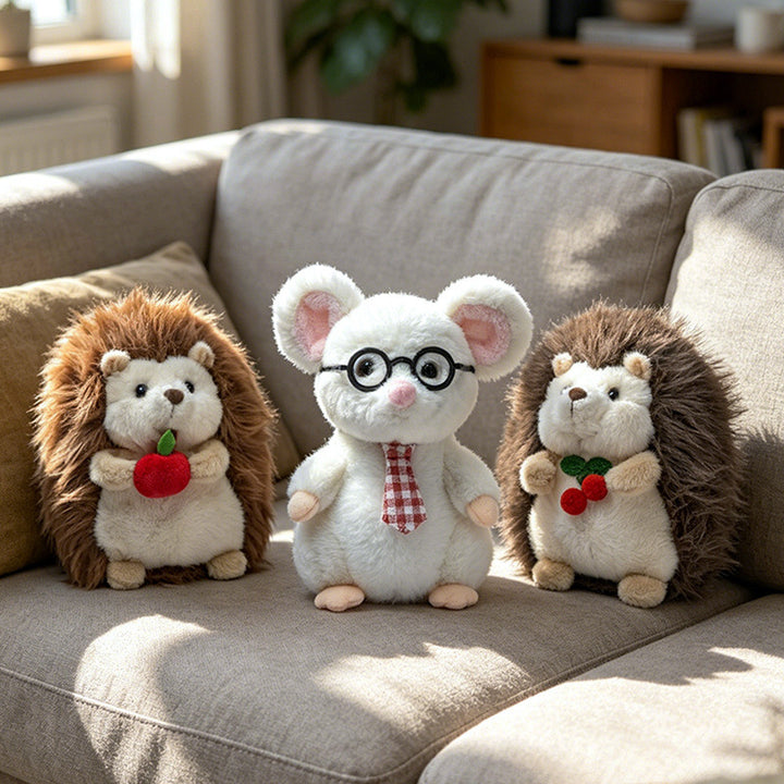 Kawaii Hedgehog Plush Collectible with Embroidered Cherry Accent and Soft Faux‑Fur Back Kalsten