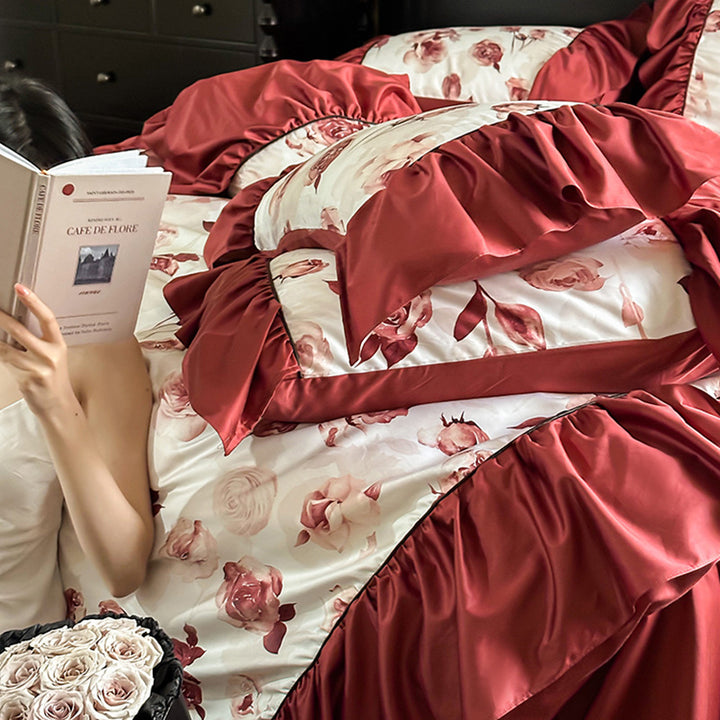 Luxurious flower satin bedding set with frill, bed skirt, and pillowcases
