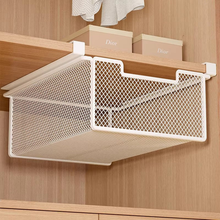 Under-Shelf Pull-Out Metal Mesh Closet Basket Organizer with Clamp Rail
