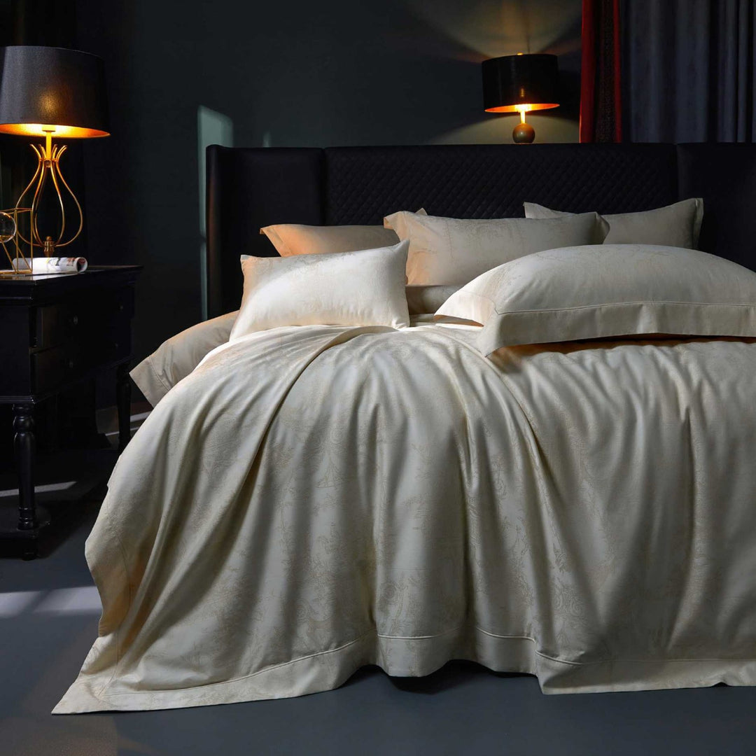 Fine woven jacquard bedding set with tone-on-tone ornamentation and flap edge
