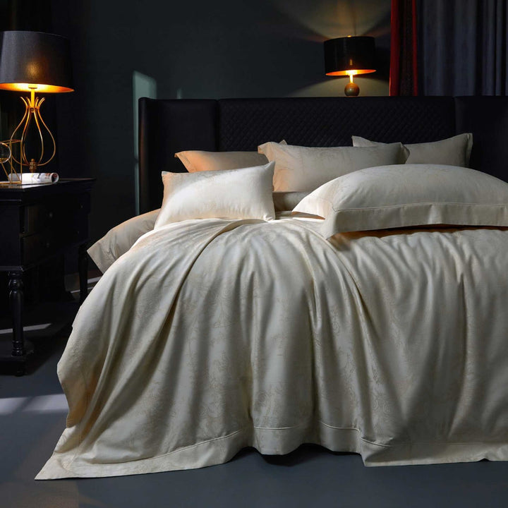 Fine woven jacquard bedding set with tone-on-tone ornamentation and flap edge