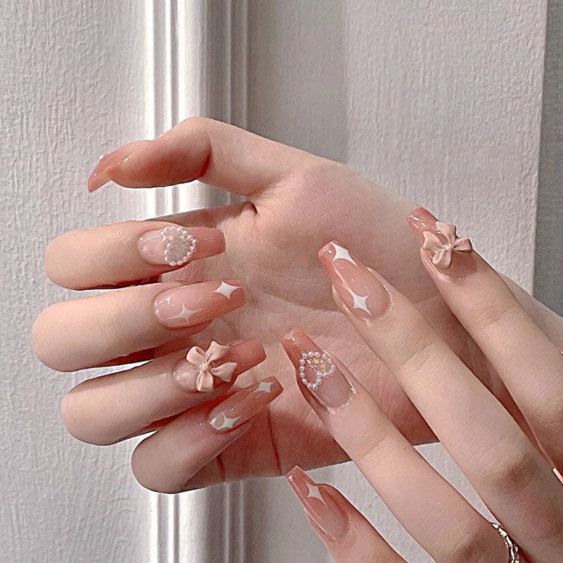 Decorative Press-On Nail Set with Rhinestone and Bow Accents