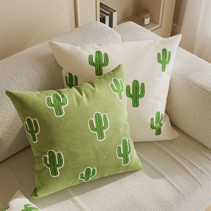 Decorative Square Cotton-Linen Throw Pillow Cover with Cactus Motif and Hidden Zipper
