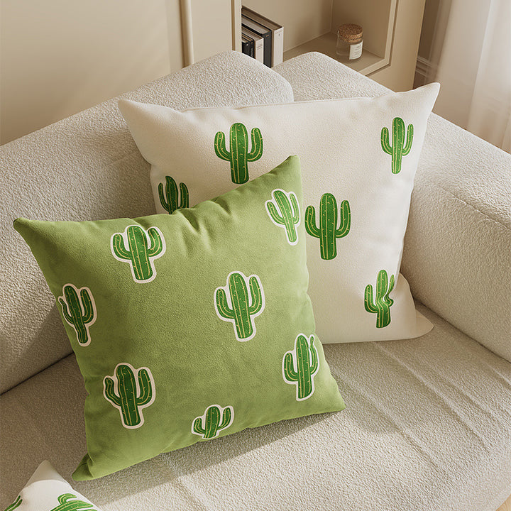 Decorative Square Cotton-Linen Throw Pillow Cover with Cactus Motif and Hidden Zipper