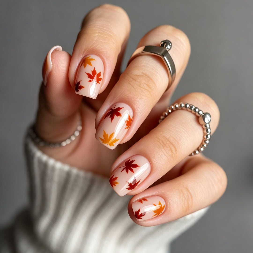 Manual Press-On Nail Art Set with Autumn Leaf Designs