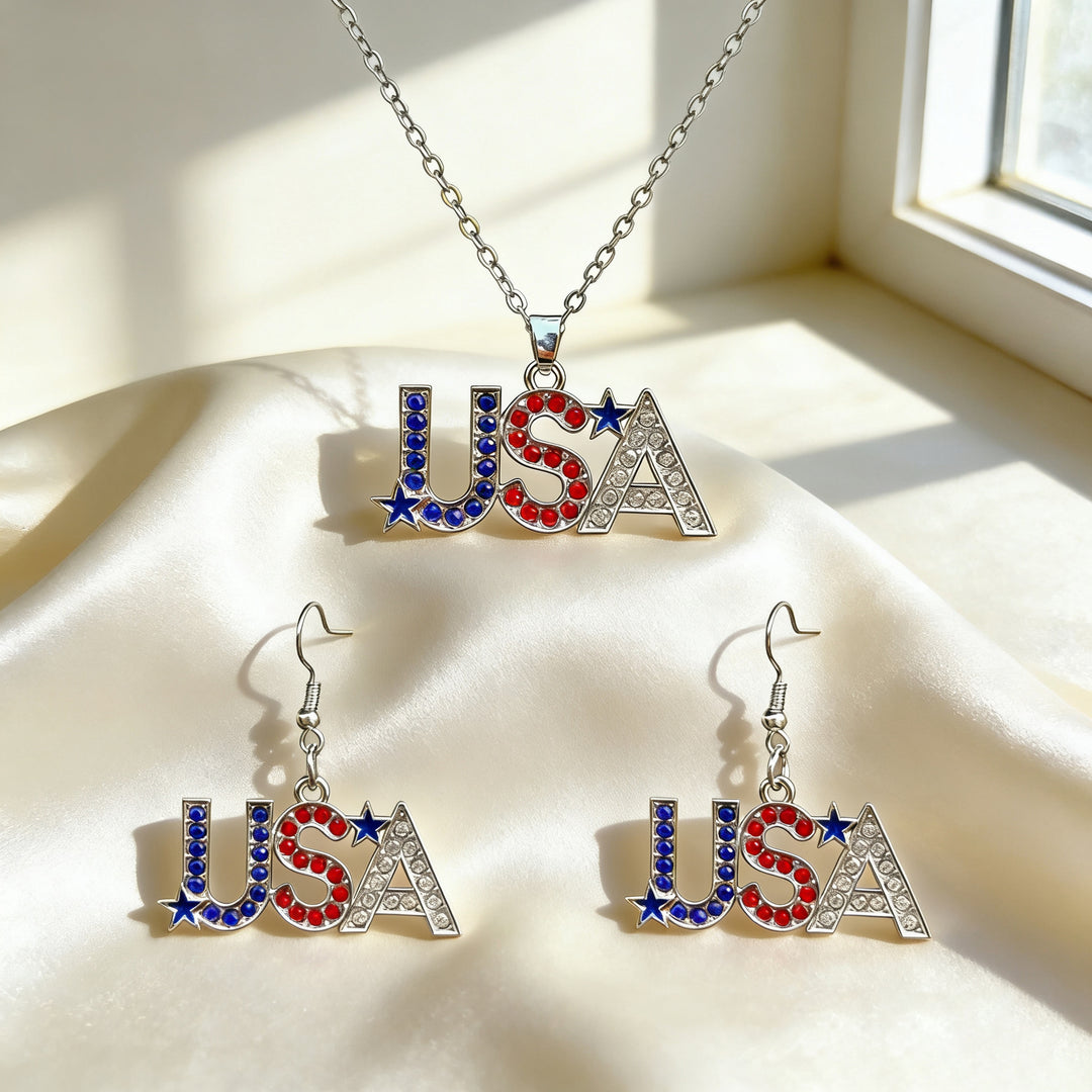 Women's patriotic jewelry set with flip-flop pendant made of enamel and crystal embellishment Kalsten
