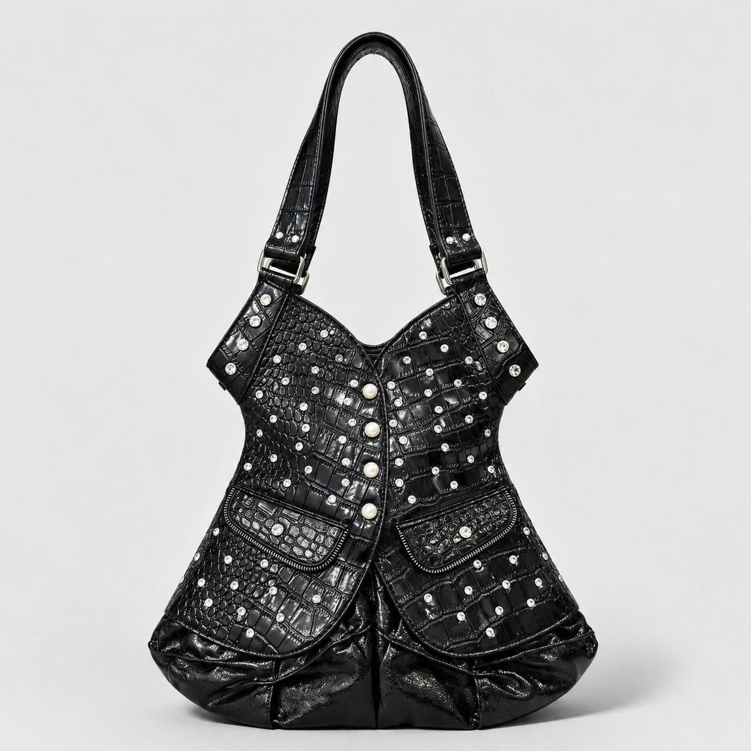 Studded Crocodile-Effect Leather Handbag
