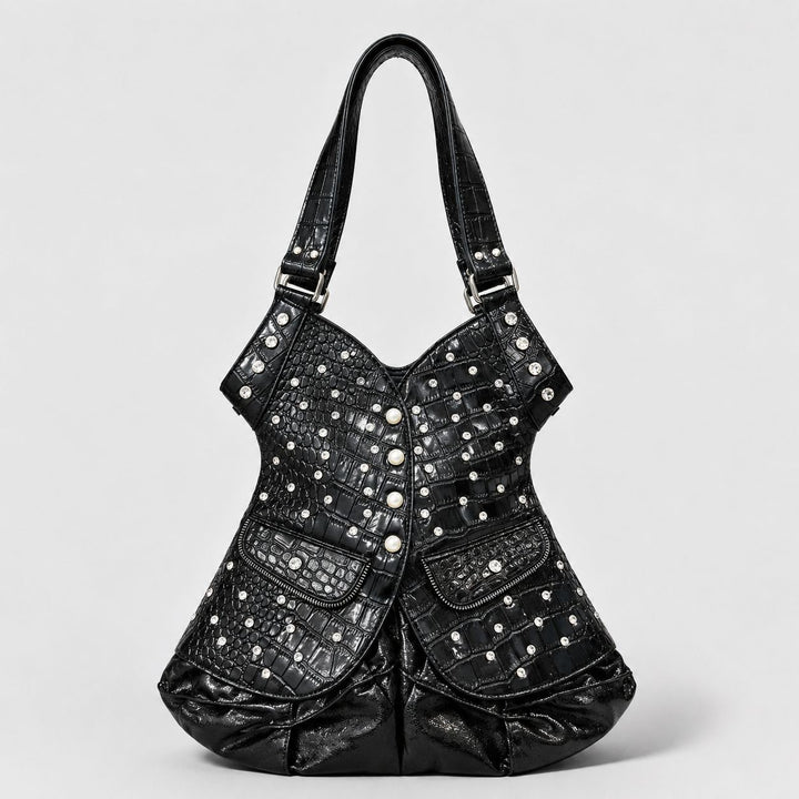 Studded Crocodile-Effect Leather Handbag
